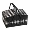 Sewing Box (L): Twin-Lidded Wicker Hamper: Monochrome Gingham