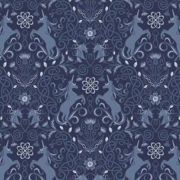 Celtic Faeries Lewis & Irene Fabric | Unicorn Dark Blue Silver Metallic