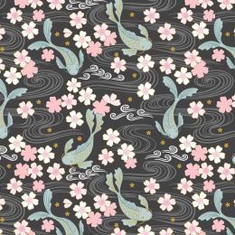 Sakura Lewis & Irene Fabric | Koi on warm Neutral - Gold Metallic