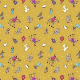Away In A Manger Lewis & Irene Fabric | Nativity Characters Gold With Gold Metallic