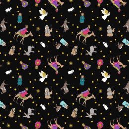 Away In A Manger Lewis & Irene Fabric | Nativity Characters Black Gold Metallic