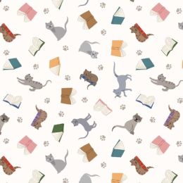 Purrfect Book Club Lewis & Irene Fabric | Scattered Cats & Books Cream