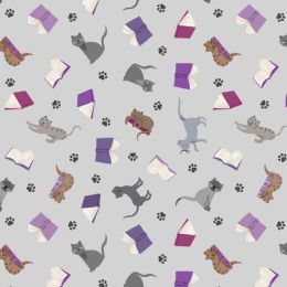 Purrfect Book Club Lewis & Irene Fabric | Scattered Cats & Books Grey