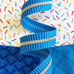 Sassafras Lane Zipper #5, 3 Yards | Wide Blue Stripe Tape, Nickel Teeth