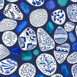 Lewis & Irene Porcelain & Seaglass Fabric by Stuart Hillard | Sea Glass and Pottery Dark Blue