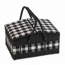 Sewing Box (L): Twin-Lidded Wicker Hamper: Monochrome Gingham