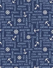 At The Helm Fabric | Word Toss Dark Blue