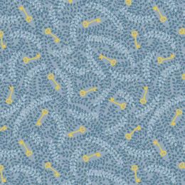 Secret Winter Garden Fabric | Leaves & Keys Blue Metallic