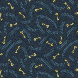 Secret Winter Garden Fabric | Leaves & Keys Dark Navy Metallic