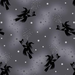 Cast A Spell Lewis & Irene Fabric | Flying Witches Grey Silver Metallic
